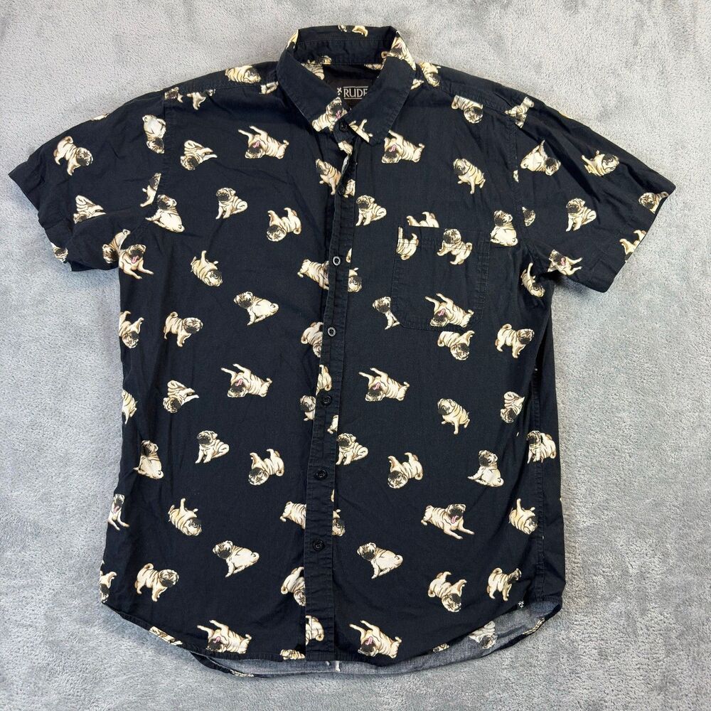 Pug All Over Print Shirt XXX Rude Black Short Sleeve Button Down Mens Medium Top